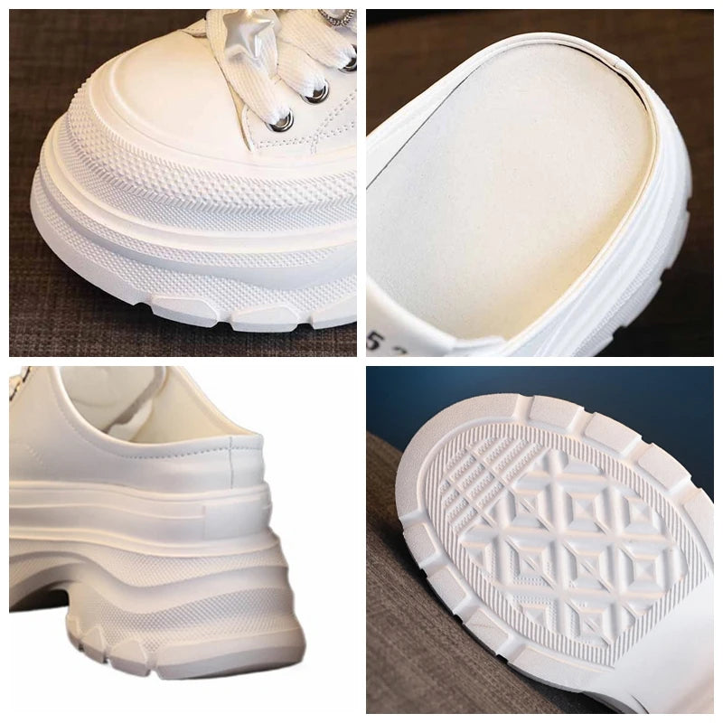 Fujin 9cm Denim Leather Platform Wedge Flats Shoes Chunky Sneaker Casual Comfy Platform Wedge High Brand Slipper Shoes