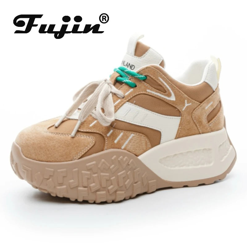 Fujin 6cm Genuine Leather Breathable Vulcanize Spring Autumn Flats Chunky Sneakers Platform Wedge Flats Women Shoes