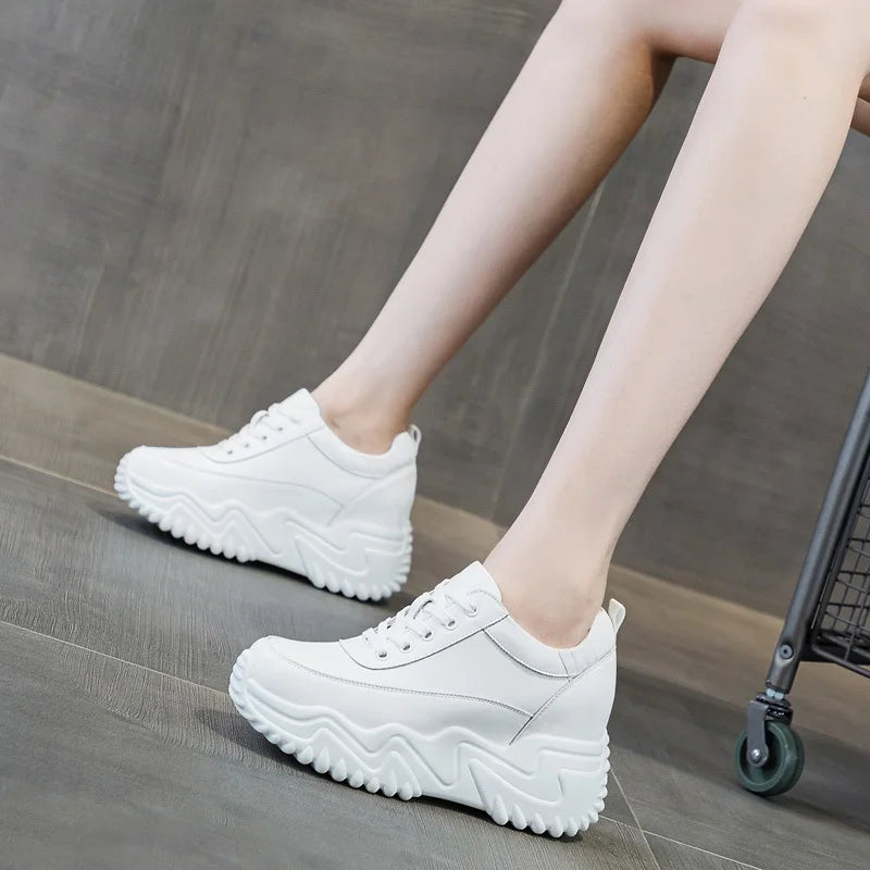 DRKANOL Fashion Platform Casual Sneakers Women Real Cowhide Thick Sole Wedges Heel Height Increasing Solid Color White Shoes
