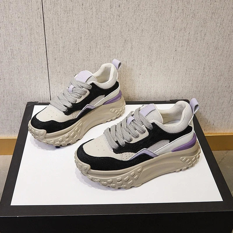 Fujin 6cm Genuine Leather Platform Mesh Breathable Sneakers Chunky Hidden Heel Mixed Color Women Autumn Spring Vulcanize Shoes