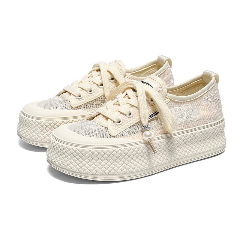 AUTUSPIN 4cm Breathable Lace Mesh Women's Shoes Summer New Arrival Platform Chunky Canvas Shoe Students Casual Sneakers 2024