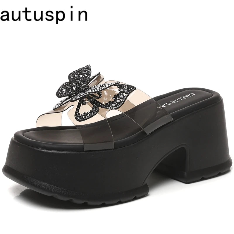 AUTUSPIN 9cm High Thick Heels Women Sandals Summer Sexy Fashion Slides Shoes Crystal Buttetfly PVC Transperant Ladies Shoes