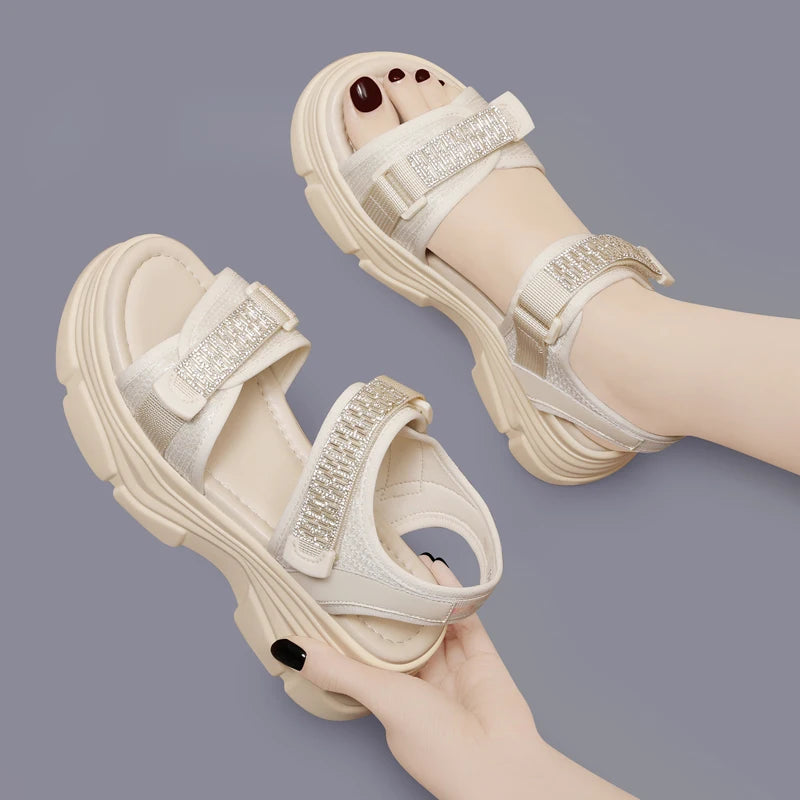 Autuspin 4.5cm Thick Bottom Women Rome Sandals Summer Fashion Ladies Leisure Ankle Wrap Shoes Woman Genuine Leather Bling Flats