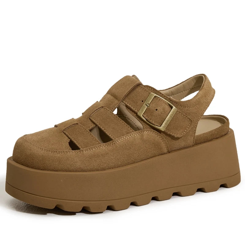 AUTUSPIN 7cm Women Wedges High Heels Fashion Thick Platform Woman Sandals Suede Leather Ladie Summer Shoes Beach Chunky Slippers