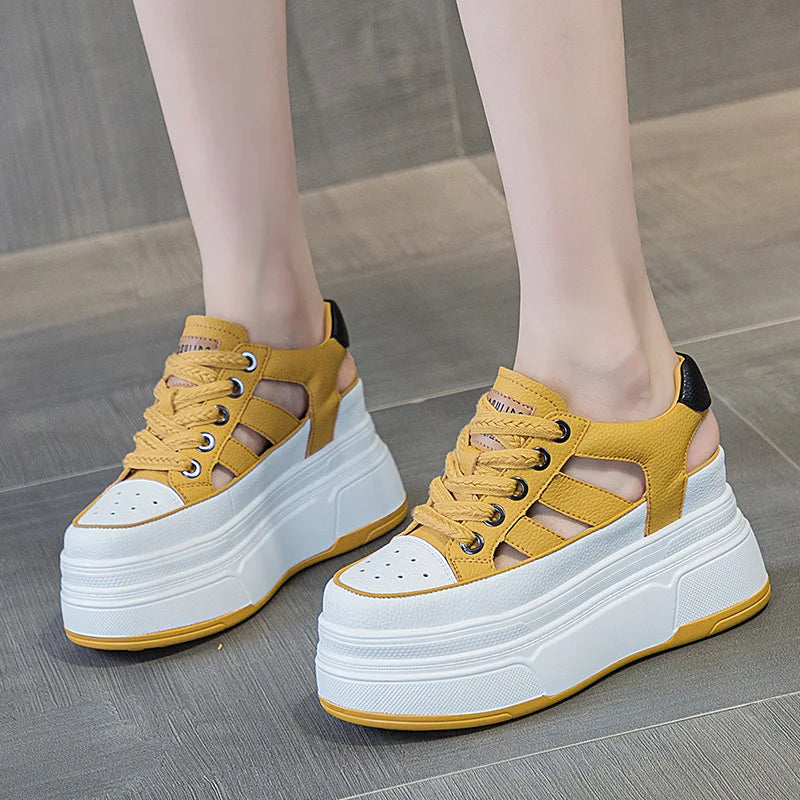 Autuspin Summer Sport Sandals Women Fashion Genuine Leather Hollow Out Vulcanized Shoes Ladies Rome Style High Platform Sneakers