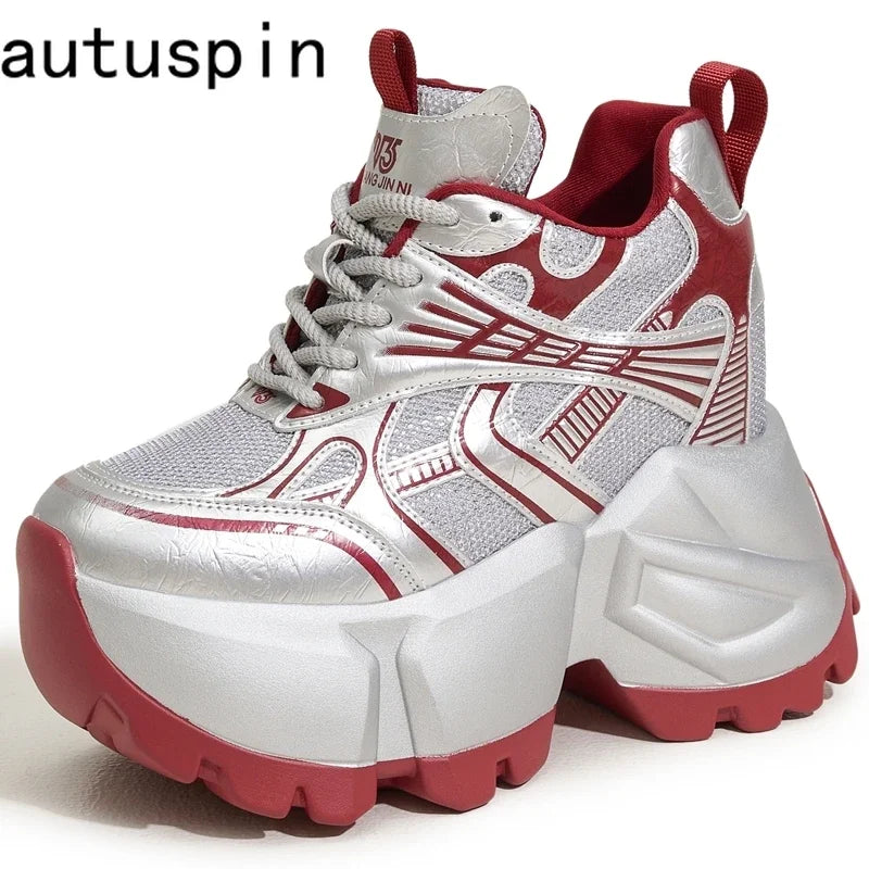 AUTUSPIN 8.5cm High Platform Chunky Women Shoes Retro Wedges Heels Increased Height Sneakers Females Popular Tide Vulcanize Shoe