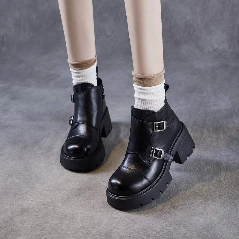 DRKANOL 2025 British Style Women High Heel Ankle Boots Spring Autumn Round Toe Genuine Cow Leather Zipper Chunky Platform Boots