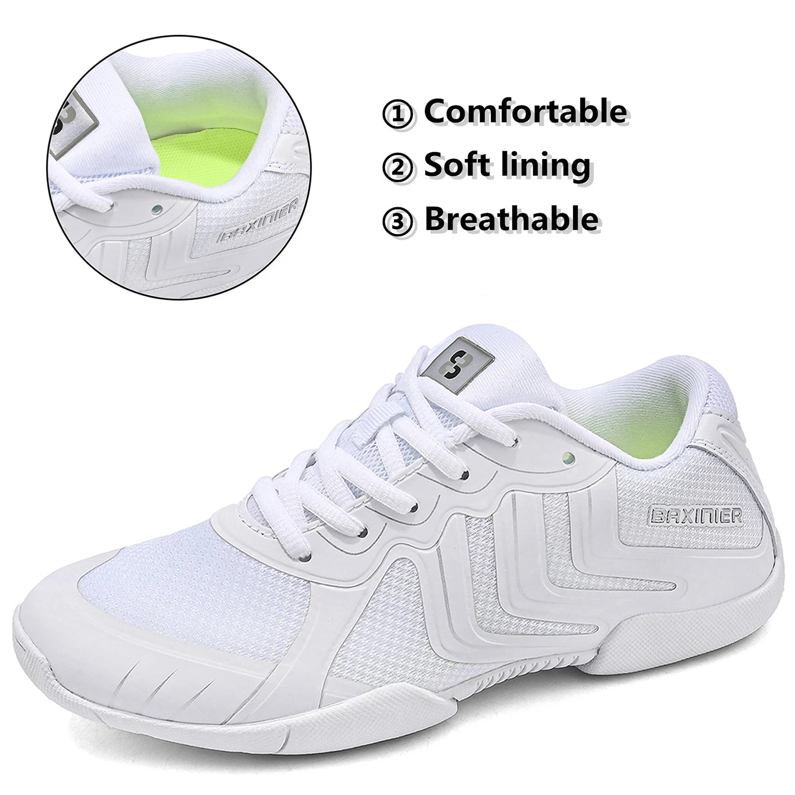 BAXINIER Girls White Cheer Shoes Youth Competition Cheerleading Dance Sneakers Women Breathable Athletic Training Tennis