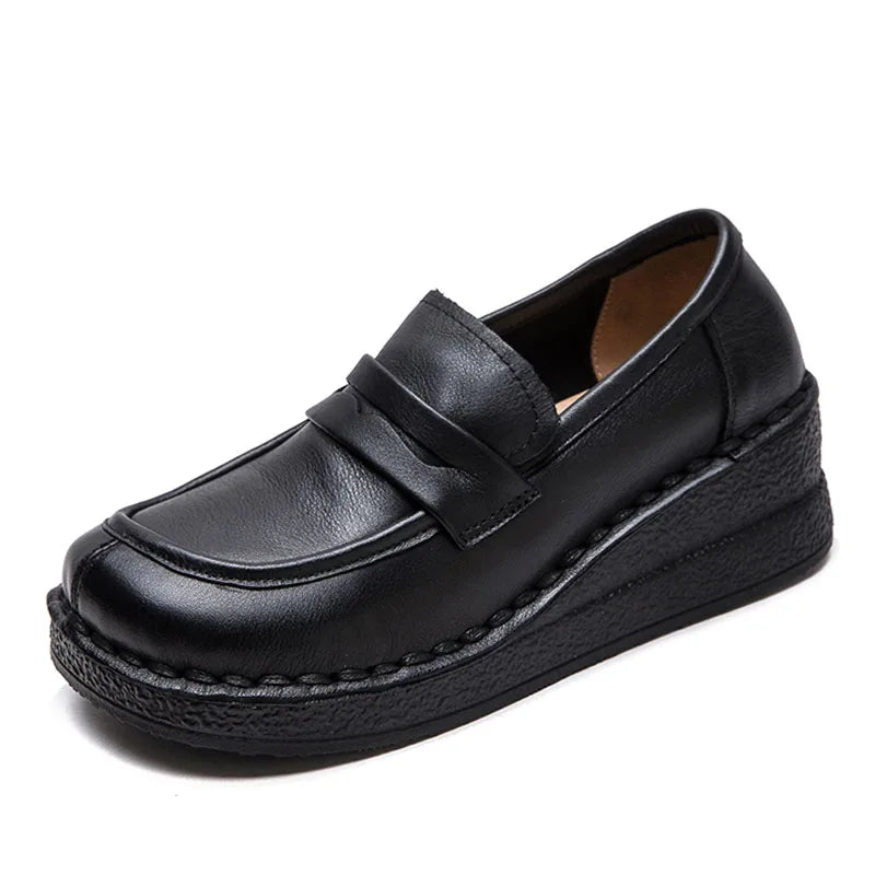 DRKANOL Women Slip On Loafers Height Increasing Wedges Heel Shoes Handmade Retro Genuine Leather Outside Casual Shoes Footwear