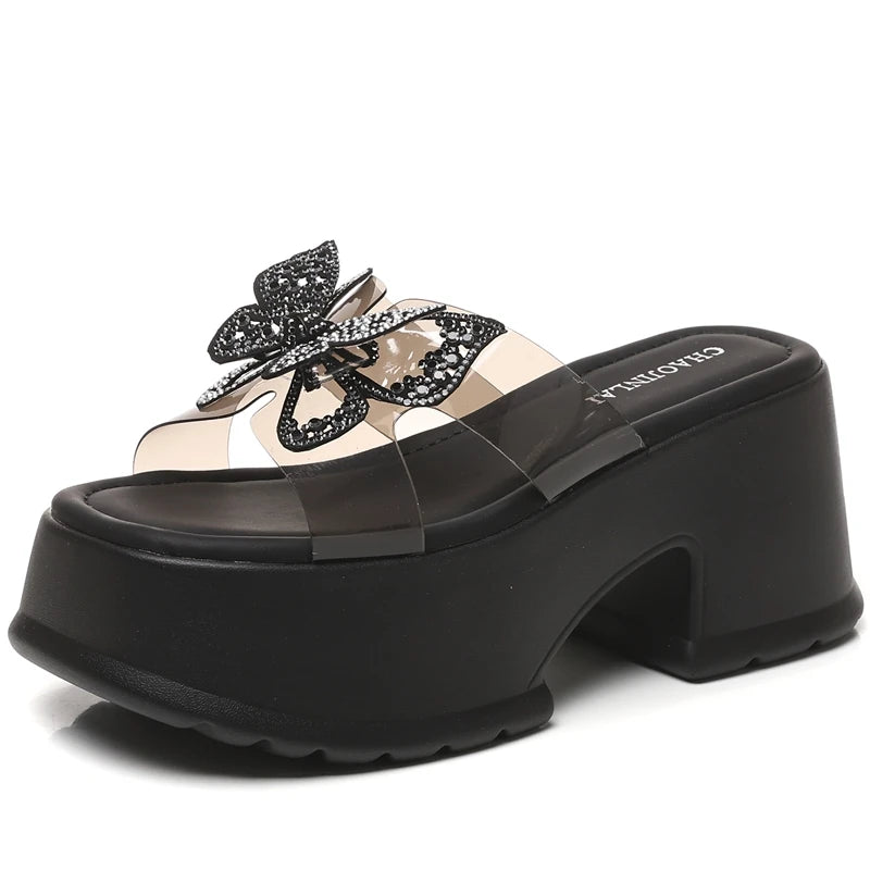 AUTUSPIN 9cm High Thick Heels Women Sandals Summer Sexy Fashion Slides Shoes Crystal Buttetfly PVC Transperant Ladies Shoes