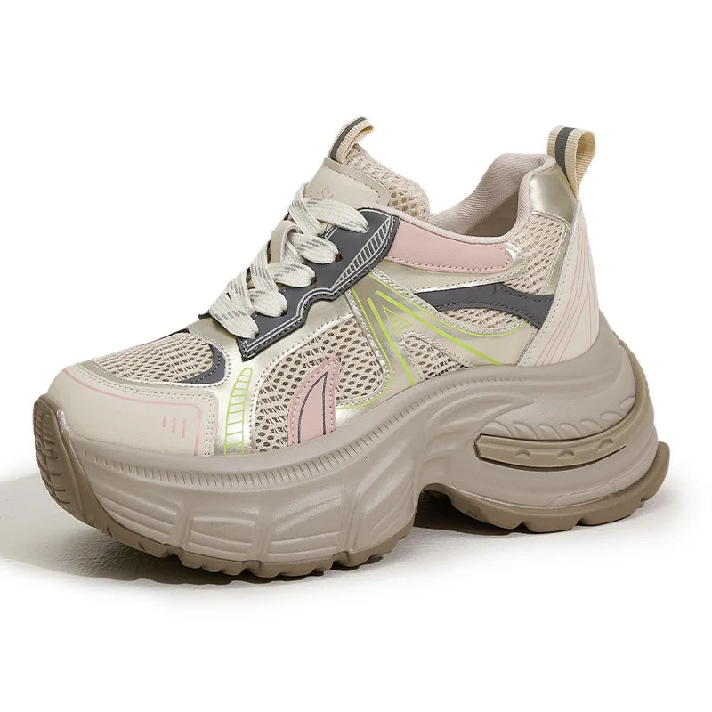 Fujin 9cm Air Mesh Microfiber Leather Women Casual Hidden Heel Shoes Chunky Sneakers Vulcanize Platform Wedge Skateboard