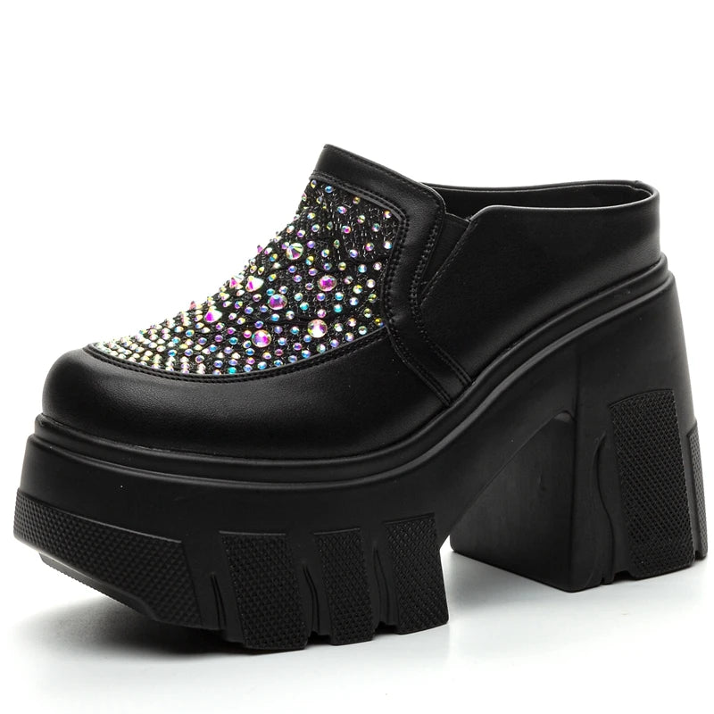 Autuspin Women's Slippers 11cm Super High Heels Women Fashion Mesh Splicing Leather Round Toe Slides Crystal Ladies Mules Shoes