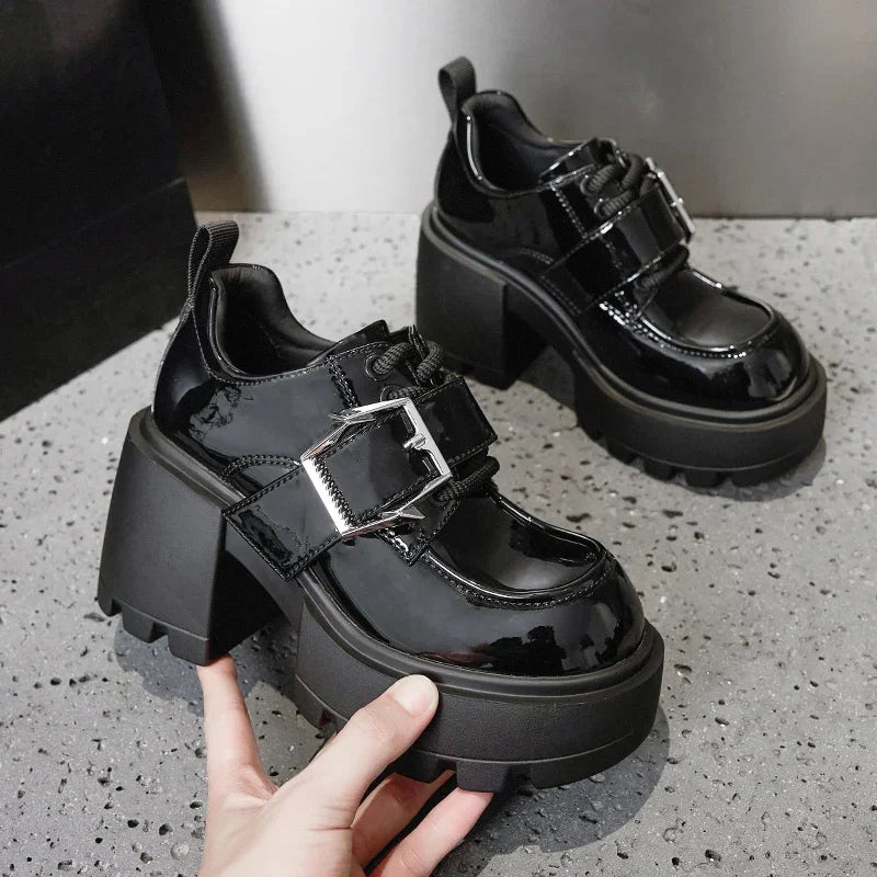 AUTUSPIN 8.5cm Square Thick High Heels Women Winter Autumn Patent Leather Pumps Female Leisure Concise Mary Janes Oxfords Shoes