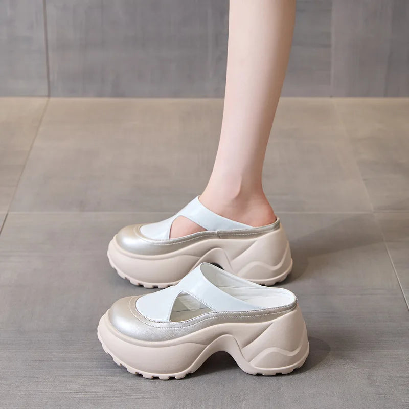 Fujin 8.5cm Microfiber Leather Slippers Slip on Round Toe Platform Flats Fabric Women Sandals Platform Wedge Flats Shoes Fashion