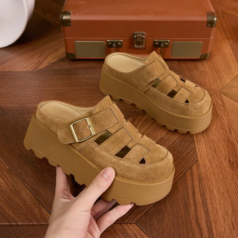 AUTUSPIN Retro Pink Mules Shoes Women Summer Hollow Out Suede Leather Ladies Slippers Wide Toe Casual Platform Slides Shoes 2025