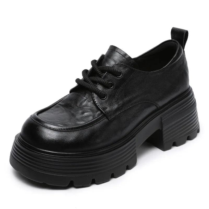 DRKANOL 2025 Women Chunky Platform Shoes Luxurious Genuine Cow Leather Thick High Heel Pumps Lace-Up Round Toe Casual Shoes Lady