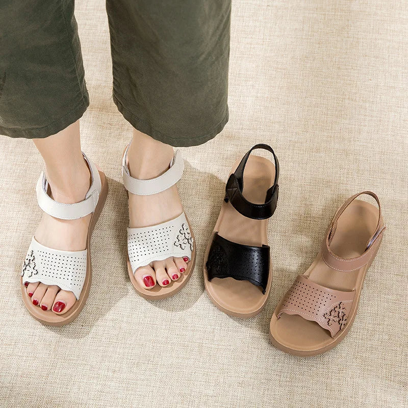 WOIZGIC Women's Female Ladies Mother Genuine Leather White Sandals Shoes Summer Beach Cool Soft Non Slip National Style