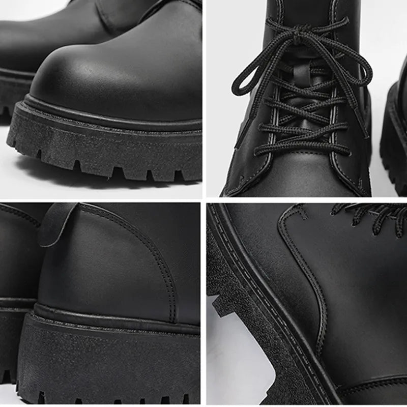 STRONGSHEN Men Ankle Boot High-top Platform Motorcycle Boots Outdoor Fashion Classic Punk Boots Non-slip Leather Casual Shoes