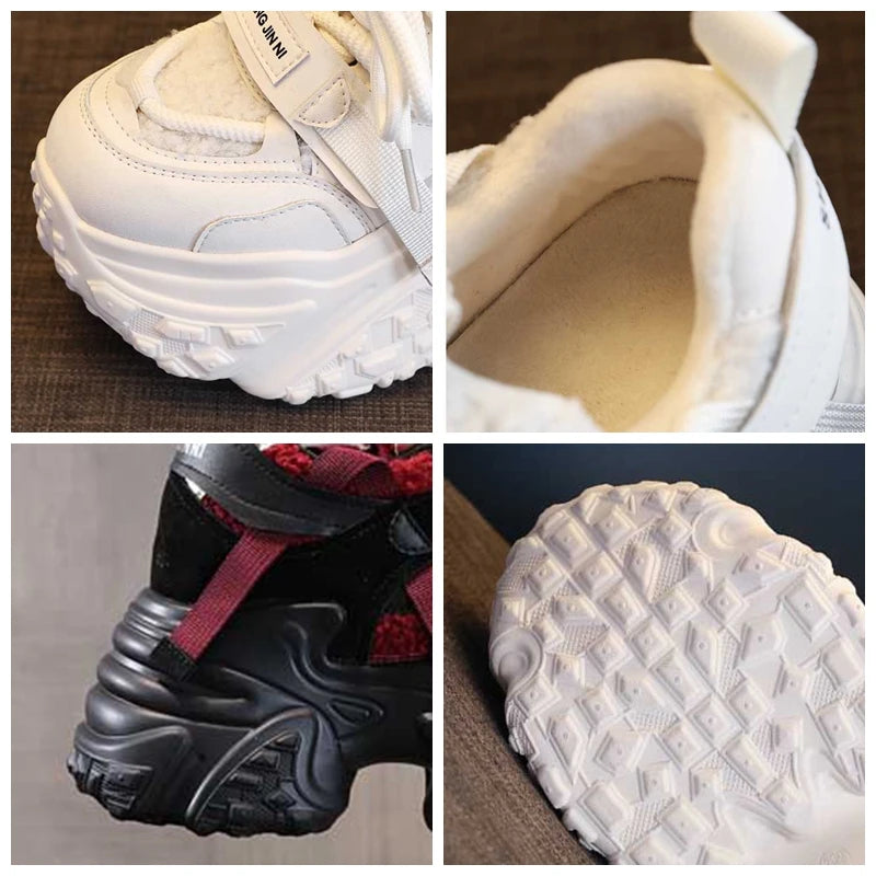 Fujin 9.5cm Women Synthetic Leather Spring Chunky Sneakers  Winter Plush Fashion Ankle Booties Autumn Platform Wedge Flats Shoes