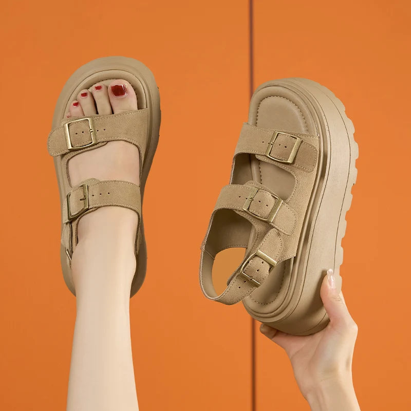 AUTUSPIN 7cm Women Sandals Summer Fashion Ladies Suede Leather Buckles Shoes Outdoor Popular Female Rome Platform Sandalias