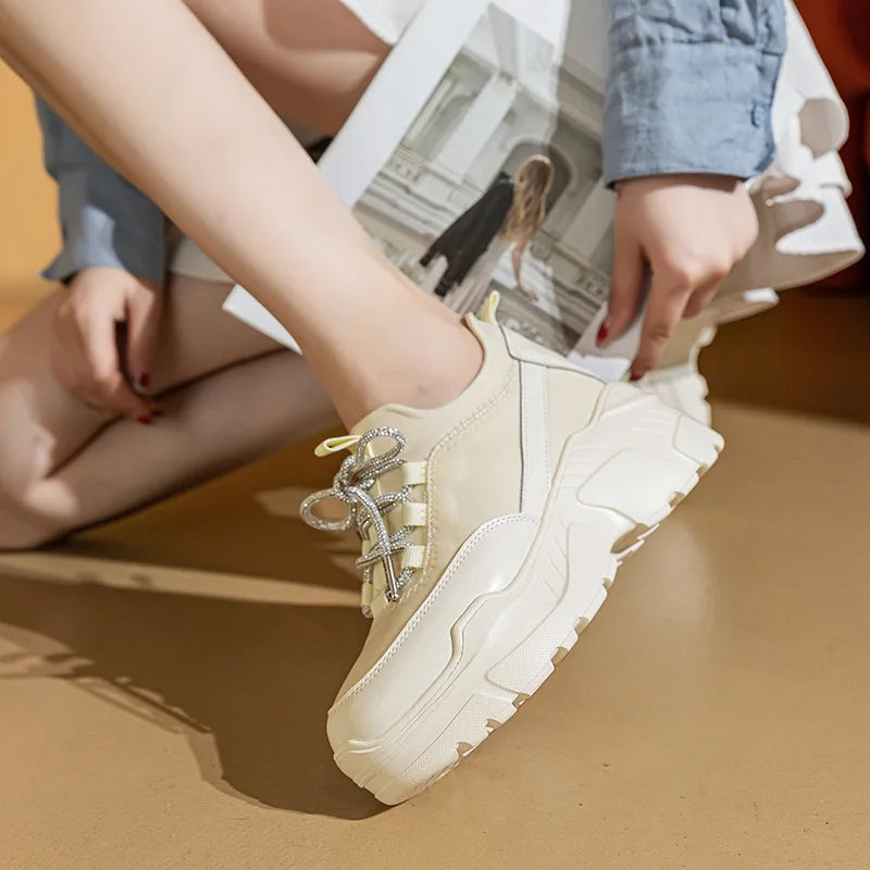 Fujin 7cm Chunky Sneakers for Women Casual Shoes Genuine Leather Fashion Sneakers Comfortable Women Walking Shoes Fall Spring