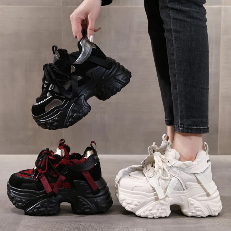 Fujin 9.5cm Women Synthetic Leather Spring Chunky Sneakers  Winter Plush Fashion Ankle Booties Autumn Platform Wedge Flats Shoes