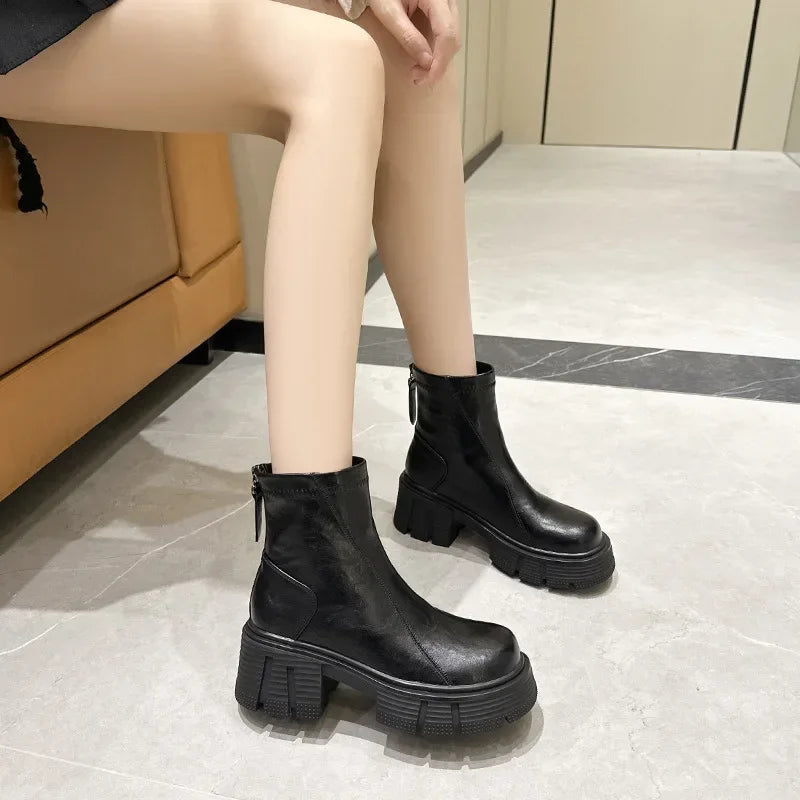 Fujin 7cm Genuine Leather Spring Round Toe Shoes Motorcycle Boots Women Ladies Fashion Chimney Autumn Moccasins Ankle Booties