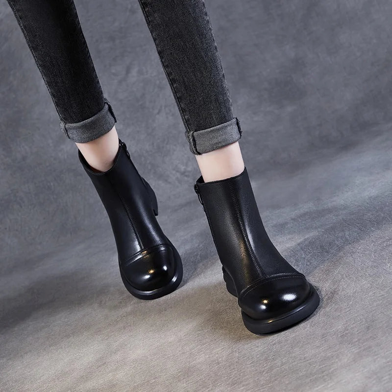 DRKANOL Women Genuine Leather Boots 2025 Autumn Winter Warm Thick Heel Side Zipper Comfort Casual Ankle Chelsea Boots Beige