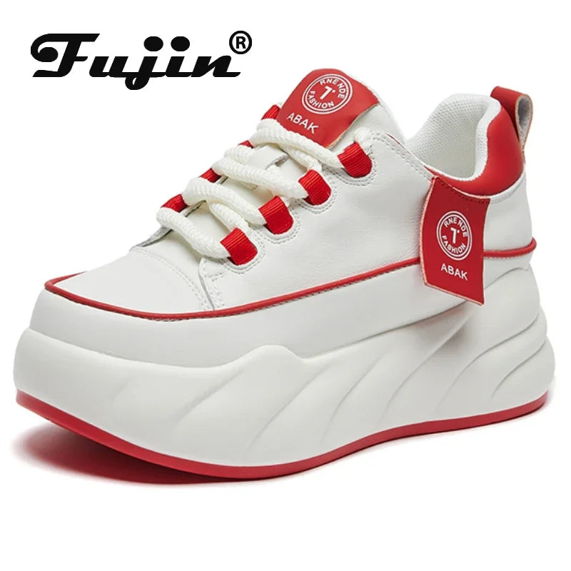 Fujin 7cm Cow Genuine Leather Chunky Sneakers Loafer Spring Women Platform Wedge Flats Autumn Vulcanize Shoes