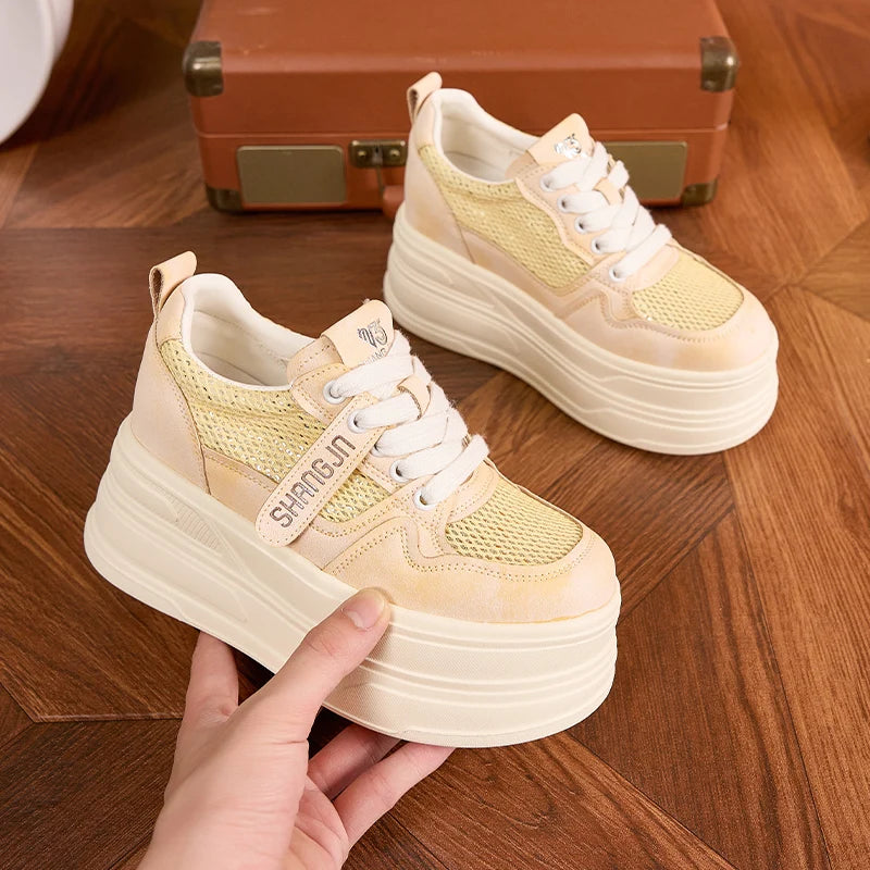 AUTUSPIN Yellow Popular Platform Sneakers Women 2025 Summer Fashion Internal Heighten Ladies Shoes Shiny Bling Mesh Footwear