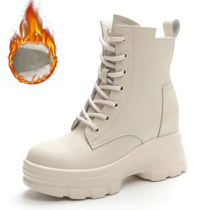 DRKANOL Fashion Women Height Increasing Boots Autumn Winter Warm Plush Platform Ankle Boots For Women Real Cowhide Wedges Shoes