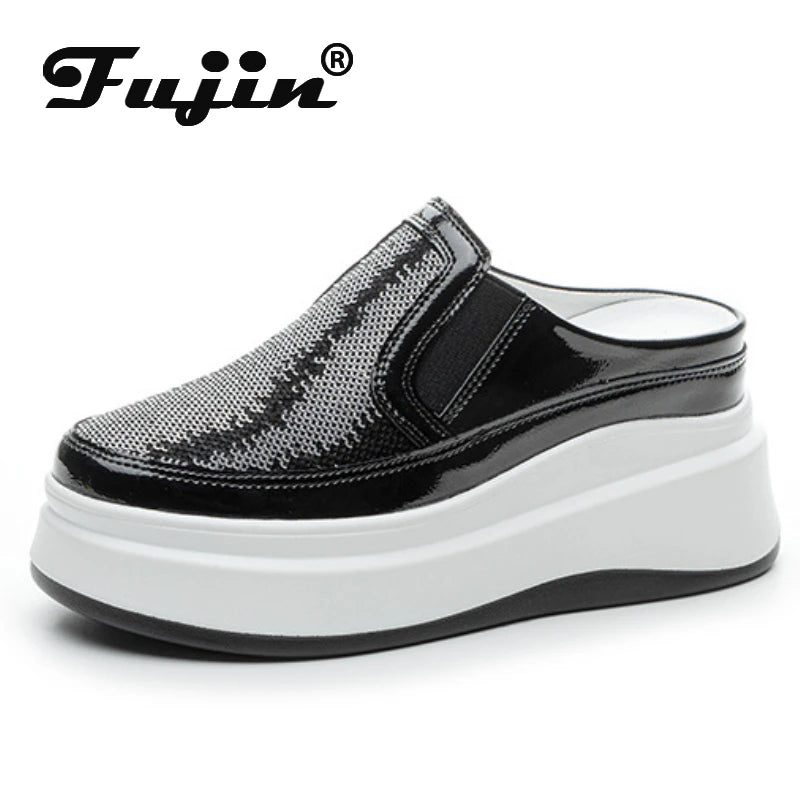 Fujin 7.5cm Patent Genuine Leather Platform Autumn Breathable Pumps Summer Spring Synthetic Chunky Heels Mary Jane Slipper Shoes