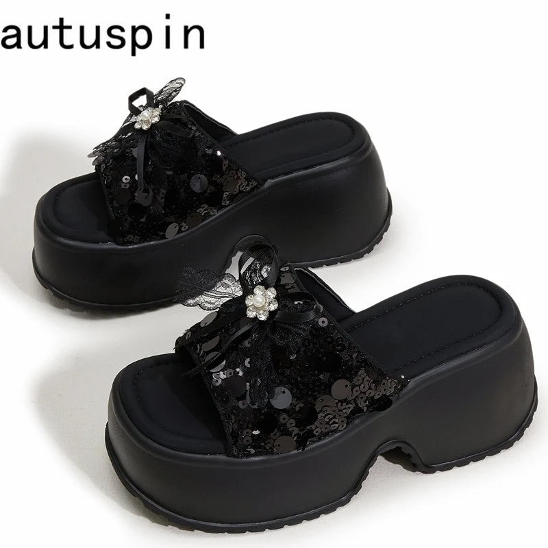 AUTUSPIN 8cm Bling Slippers Summer White Shoes Women Outdoor Sequined Cloth Ladies Shoes High Wedges Heels Slides Woman 34-39