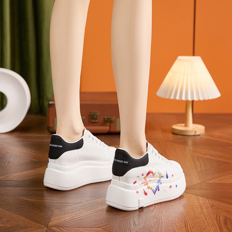AUTUSPIN White Skateboard Shoes for Women 2025 Fashion Thick Soled Ladies Casual Leather Shoes Outdoor Tide Vulcanized Sneakers
