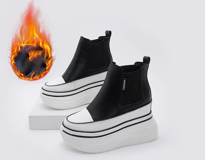 Fujin 10cm ROME Genuine Leather Support Stable Chelsea Booties Women Autumn Ankle Motorcycle Elastic Spring Arch Ladies Shoes