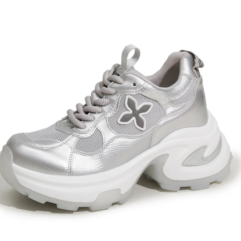 AUTUSPIN 7cm Popular Thick Soled Shoes for Women Fashion Breathable Mesh Leisure White Shoes Platform Chunky Casual Sneakers