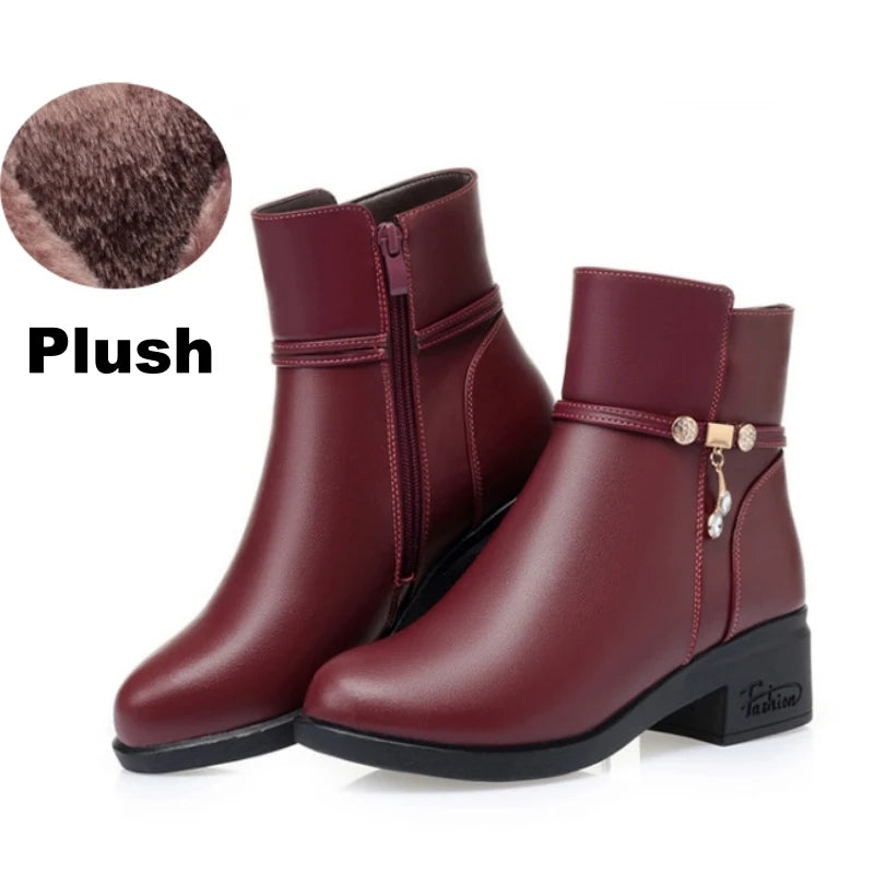 WOIZGIC Women's Mother Female Genuien Leather Shoes Ankle Boots Winter Fur Plush Wool Warm Zipper