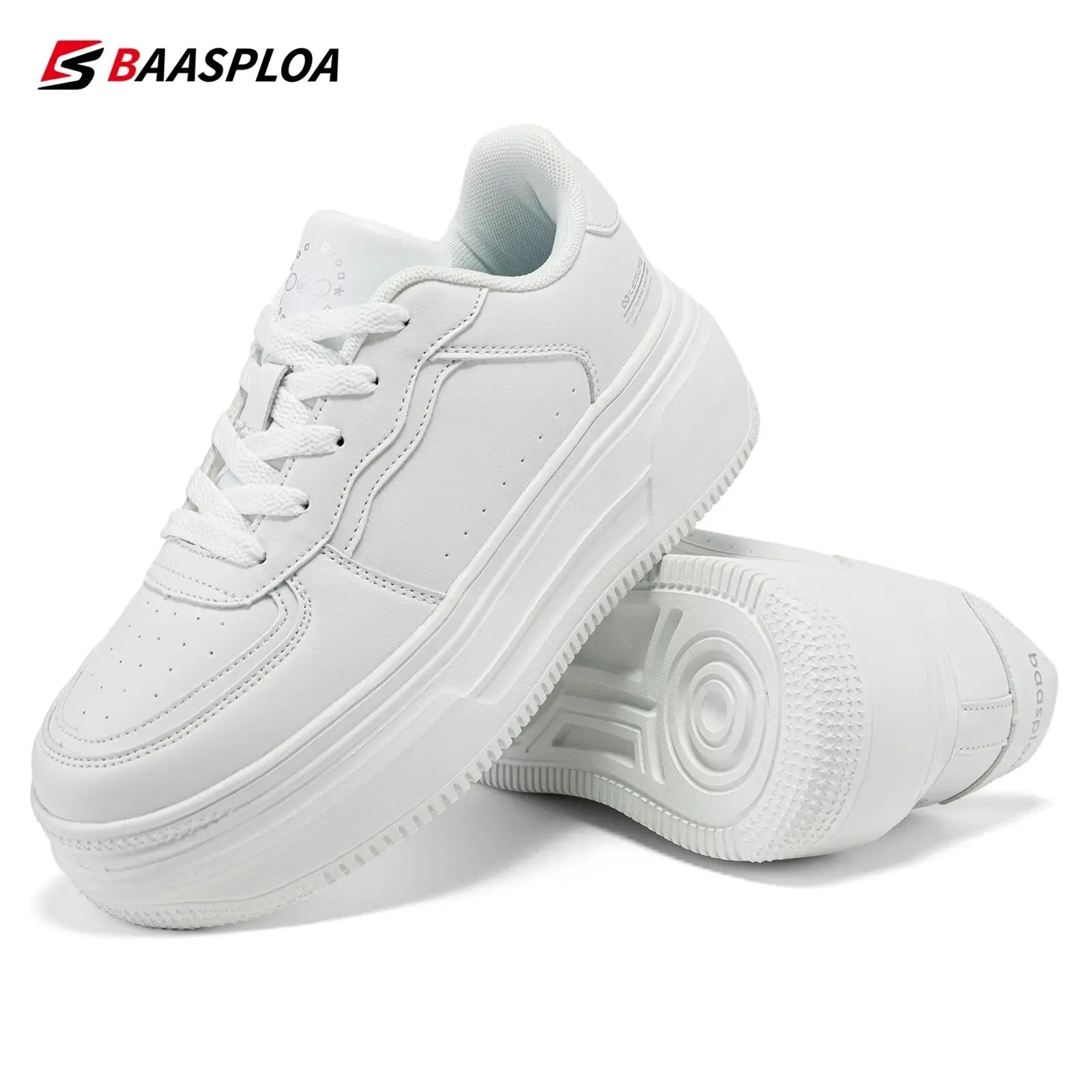 Baasploa Women Platform Sneakers Fashion Leather Casual Thick Soled Shoes for Women Comfort White Skateboarding Shoes Non-Slip