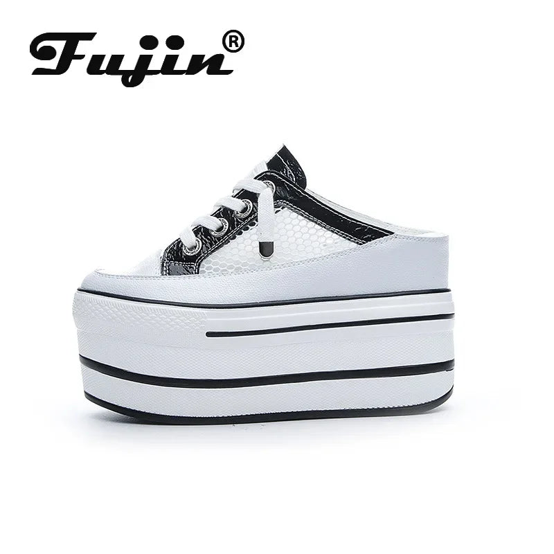 Fujin 10cm Mules Shoes Sandals Genuine Leather 2024 Women Sneakers Slippers Summer Shoes New Casual Shoes Women's Fashion