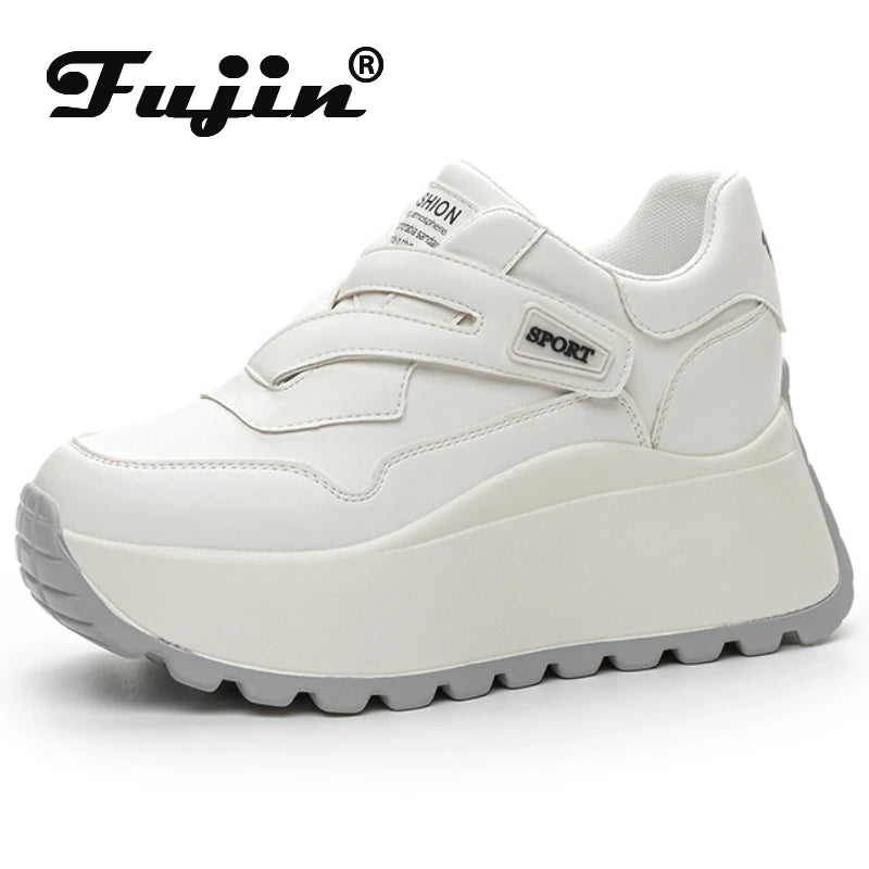 Fujin 8cm Microfiber Leather Spring Autumn Shoes Chunky Sneakers Platform Wedge Women Casual Shoes Ladies Fashion Skate Boarding
