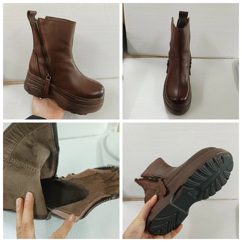 Fujin 7cm  Women Comfy Spring Booties ROME Fashion Shoes Cow Natural Genuine Leather Autumn Platform Wedge Ankle Boots Autumn