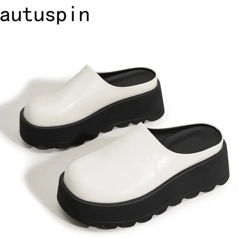 AUTUSPIN 7cm High Heels Mules Shoes for Women 2025 Spring Summer Fashion Thick Soled Ladies Slippers Round Toe Loafers Woman