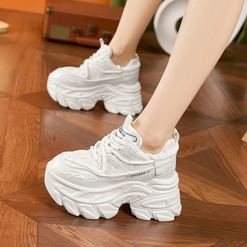 AUTUSPIN White Thick Bottom Women Shoes 2025 Spring Summer Breathable Mesh Splicing Leather Sneakers Female Outdoor INS Popular
