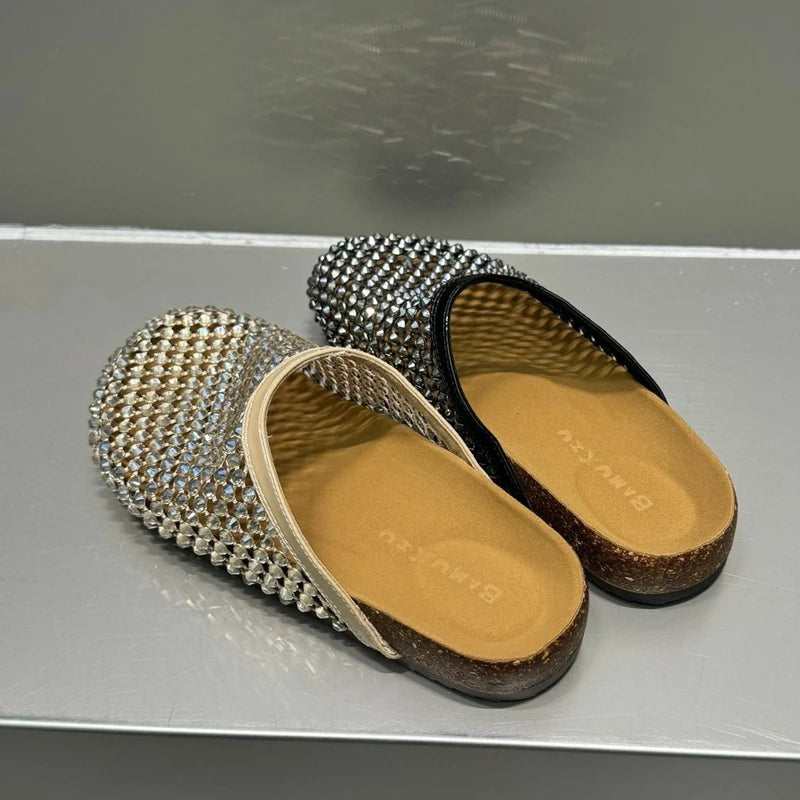 AUTUSPIN Women Tide Slippers Slip-on Ladies Shiny Crystal Shoes Fashion Round Toe Slides Female Party Leisure Flats Sandals