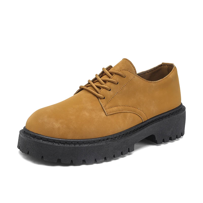 STRONGSHEN Men Casual Shoes Thick Soled Leather Shoes Men Round Toe Yellow New Fashion Elegant Non-slip Lace up Leather Shoes