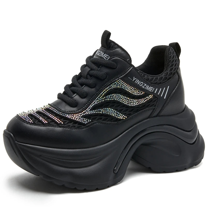 Autuspin 8cm Platform Mesh Women Crystal Shoes Summer Autumn Breathable Genuine Leather Sneaker Female Outdoor Leisure Shoes