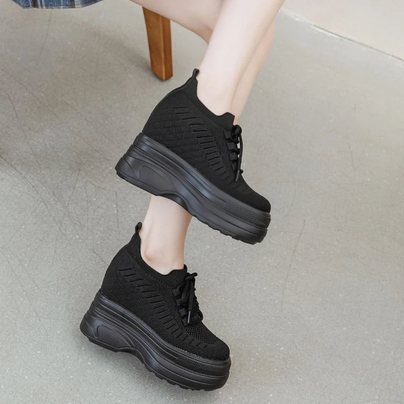 Fujin 11cm Air Mesh Sock Knitted Platform Wedge Flats Hollow Chunky Sneaker Breathable Comfy Women Sandals Slides Summer Shoes