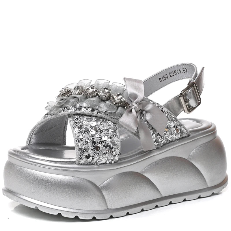 Autuspin 8cm Flats High Platform Ladies Sandals Summer Fashion Sequined Cloth Women Chunky Shoes Party Wedding Crystal Sandal