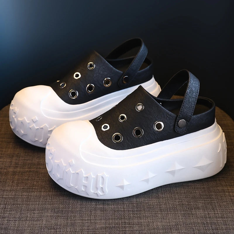 AUTUSPIN Summer Hollow Sandals for Women Fashion Design Female Soft Leather Mules Shoes Ladies Beach Platform Chunky Slippers