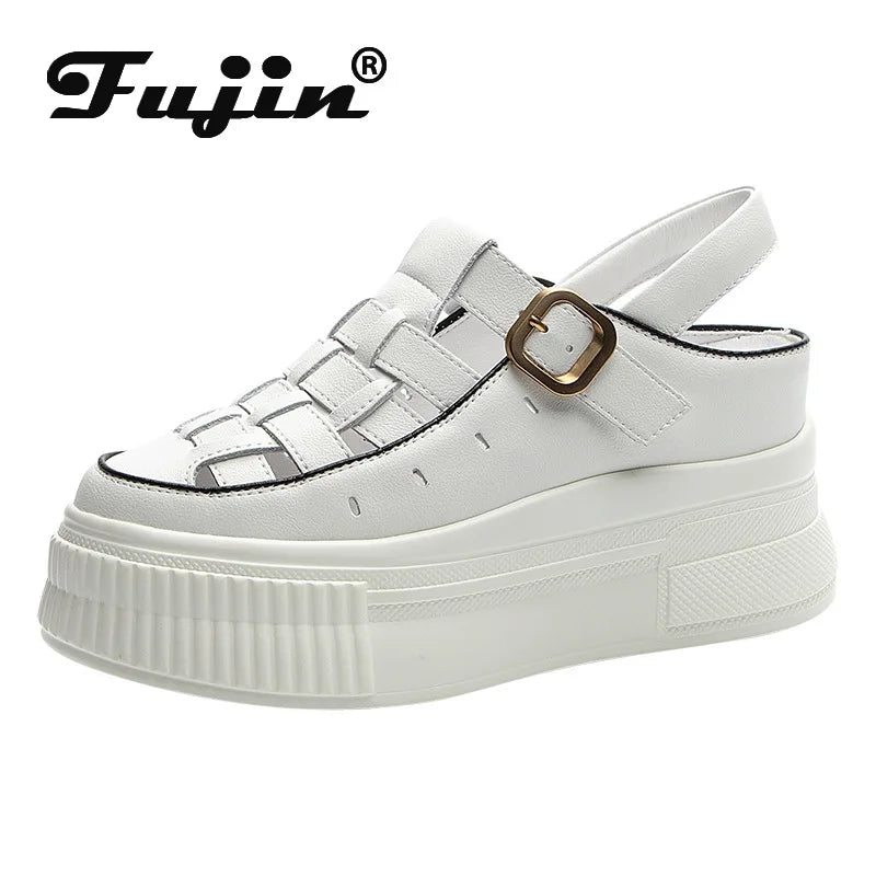 Fujin 8cm Platform Wedge Buckle Weave Sandals Ladies Shoes Women Moccasins Summer Retro British Natural Cow Genuine Leather
